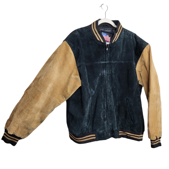 Vintage Leather Black Tan Suede Bomber Jacket Varsity Jacket Men's Size XL - Picture 2 of 6